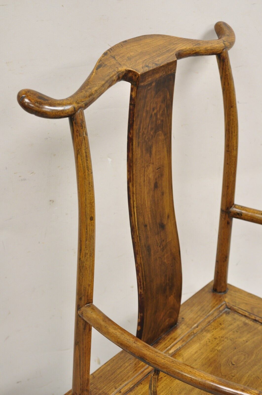 Vintage Chinese Elm Wood Ming Yoke Back Lacquered Asian Scholars Arm Chair