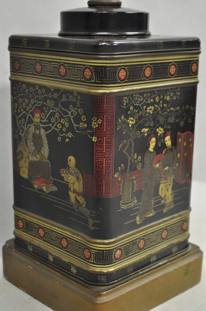 Vintage Chinoiserie English Tole Metal Tea Canister Chinese Painted Table Lamp