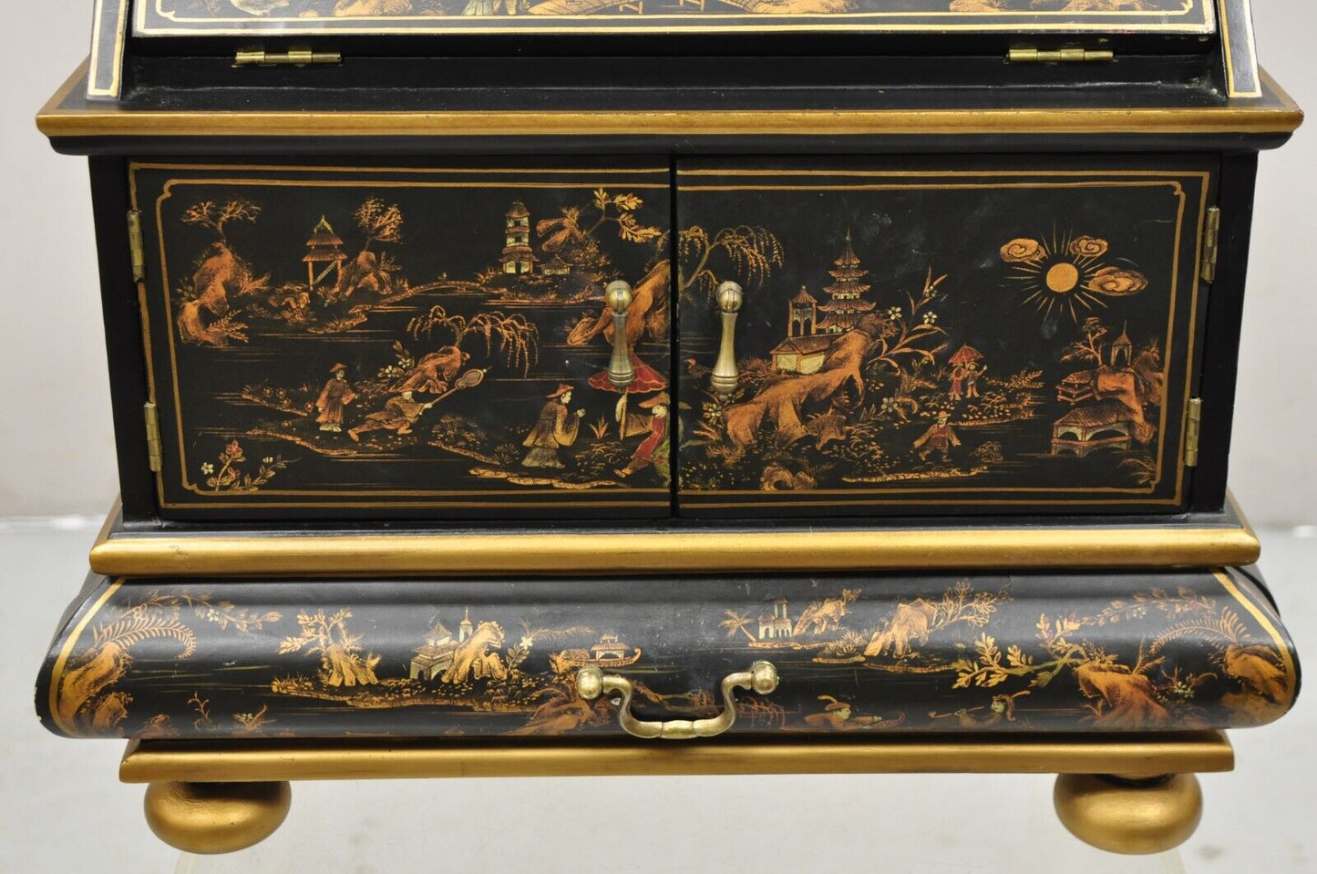 Decorative Chinoiserie Bombe Style Black Lacquer Oriental Jewelry Box