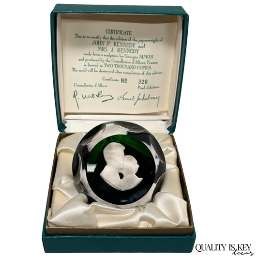 Cristal D'Albret France JFK Jackie Kennedy Sulphide Paperweight Faceted Green