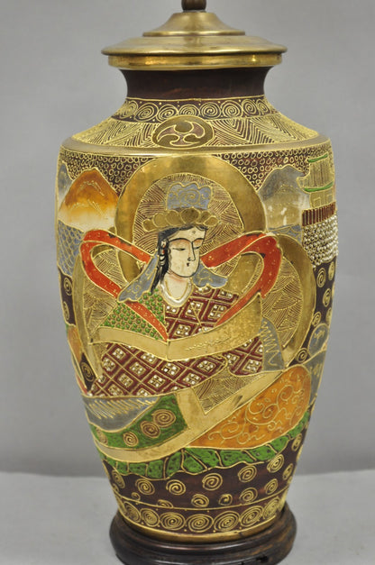 Vintage Japanese Oriental Porcelain Satsuma Vase Gold Gilt Figural Table Lamp