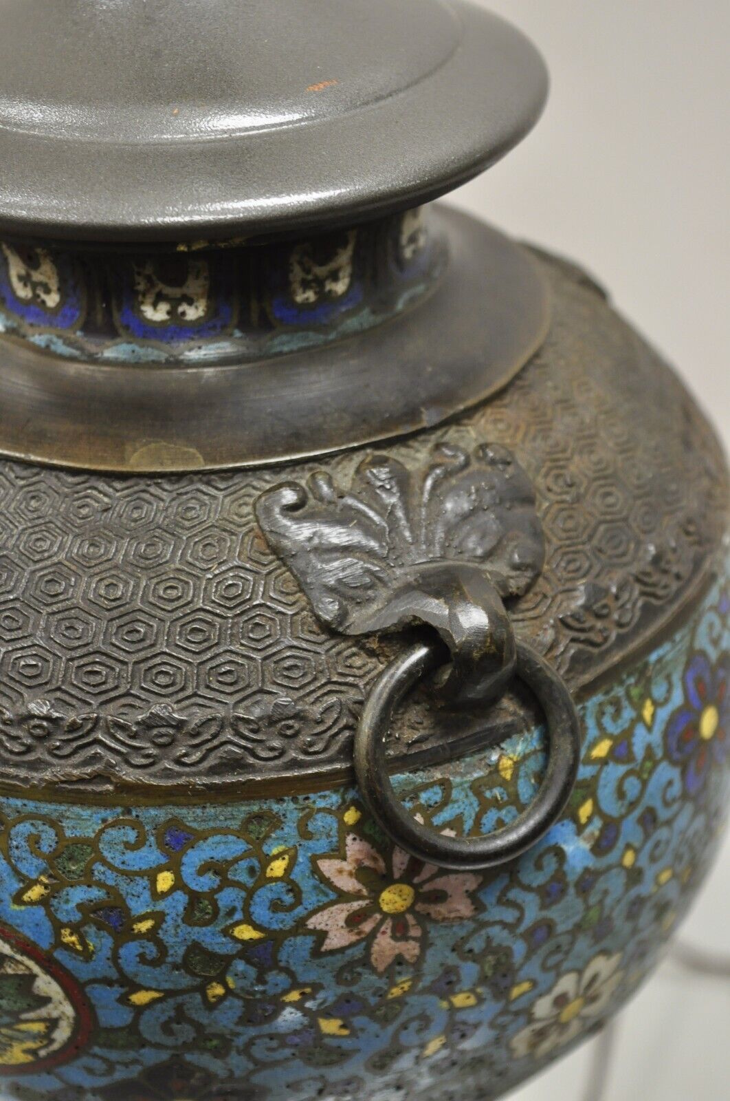 Antique Chinese Cloisonne Blue Porcelain Enamel  Bronze Figural Table Lamp