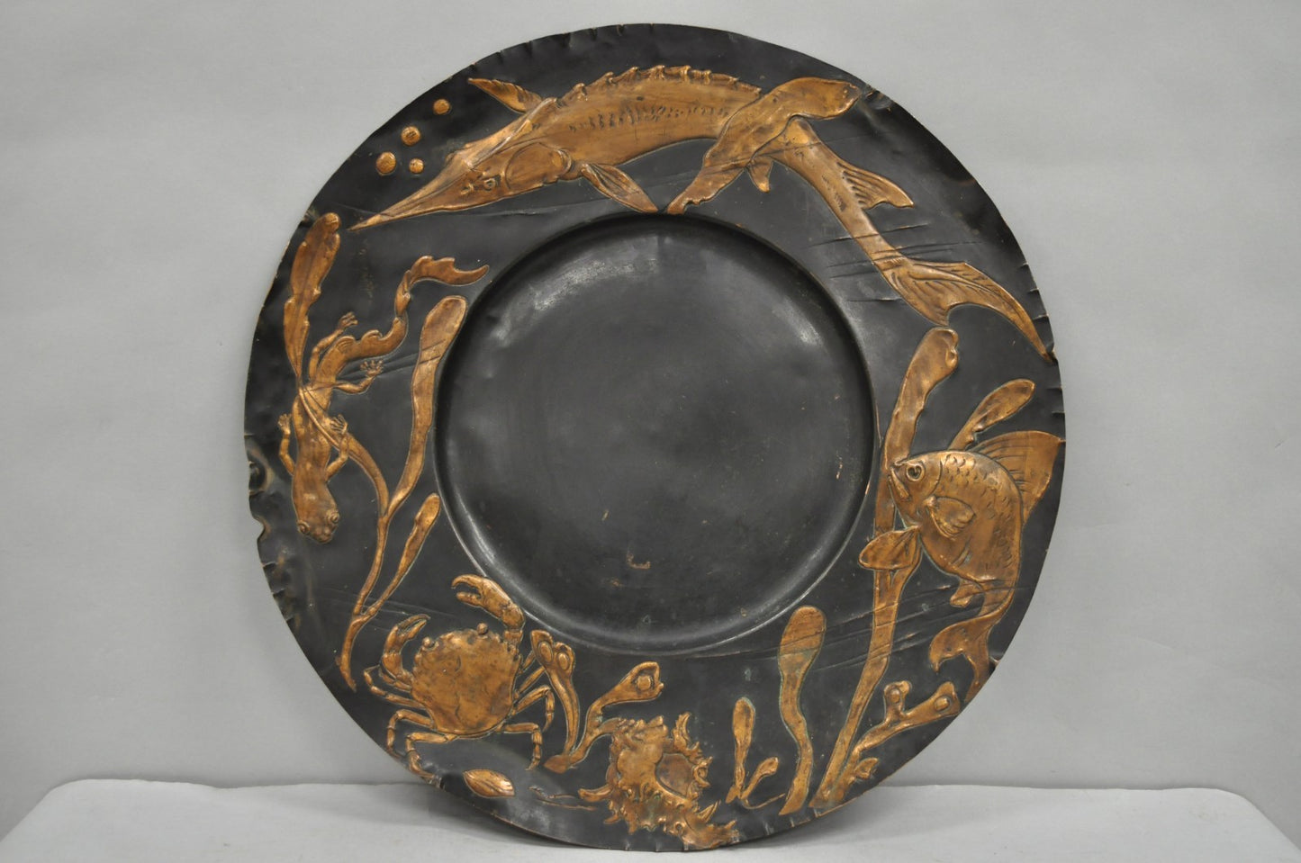 Antique Jugendstil Figural Copper Platter Charger of Fish by Steinicken & Lohr
