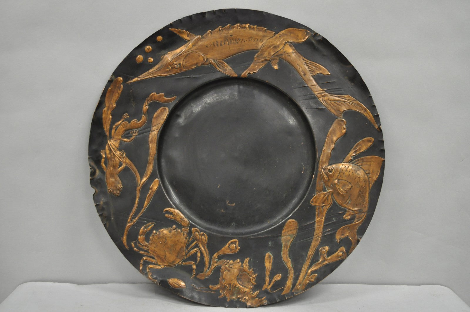 Antique Jugendstil Figural Copper Platter Charger of Fish by Steinicken & Lohr