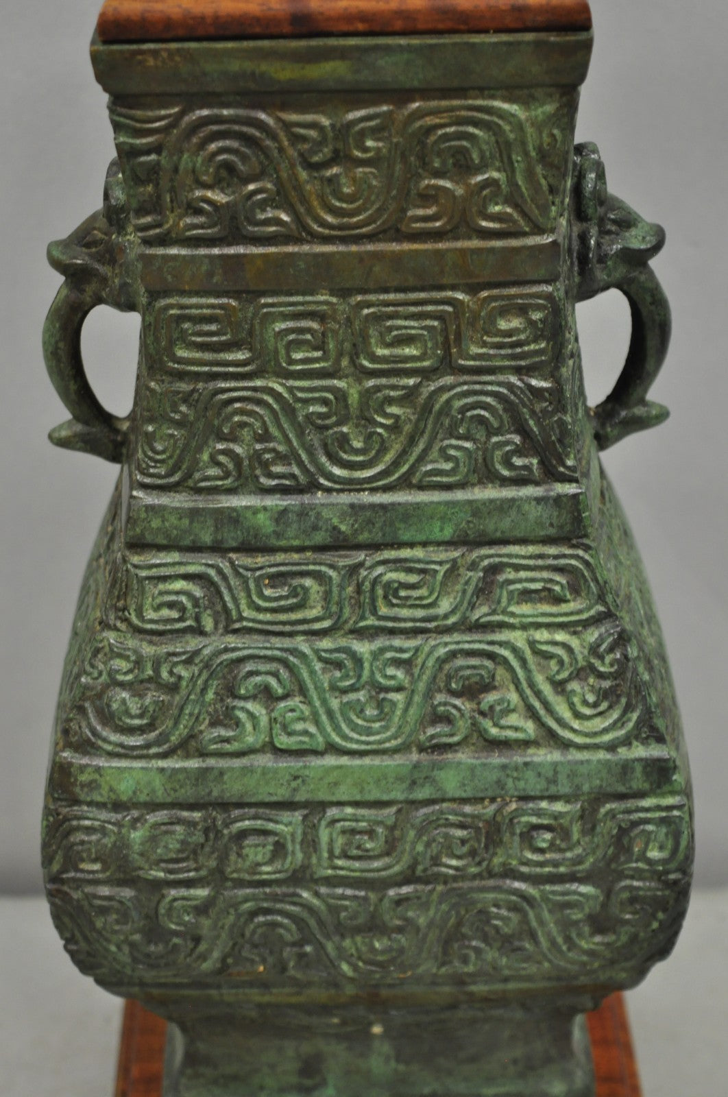 Vintage Oriental Verdigris Green Archaic Bronze Figural Chinese Table Lamp