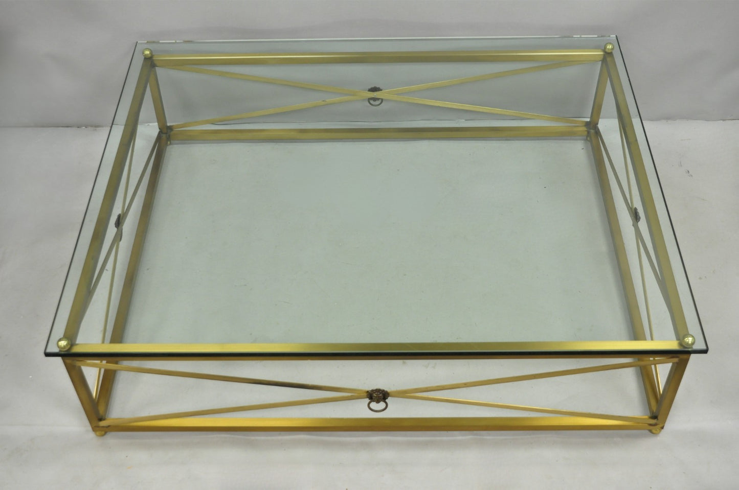 Large Regency Style Burnished Brass Rectangular Glass Top Coffee Table w/ Lions
