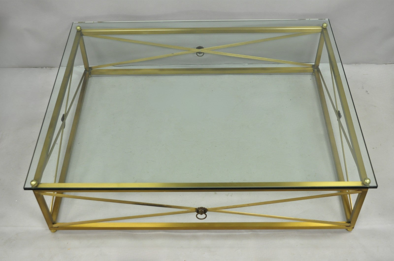 Large Regency Style Burnished Brass Rectangular Glass Top Coffee Table w/ Lions