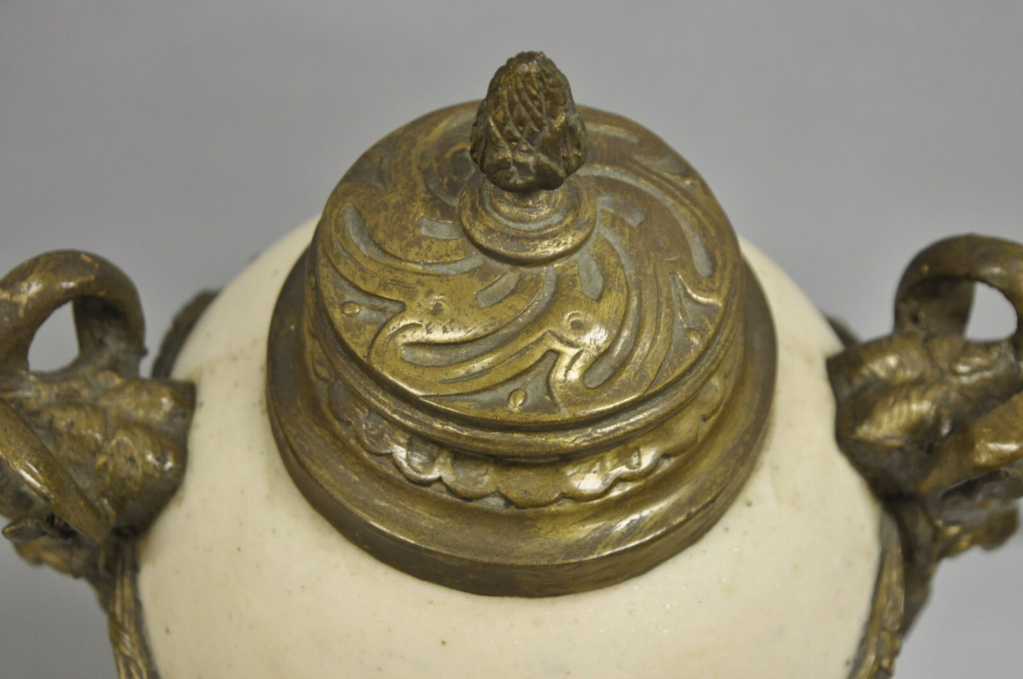 Vintage French Neoclassical Marble & Bronze Rams Head Urn Cassolettes - a Pair