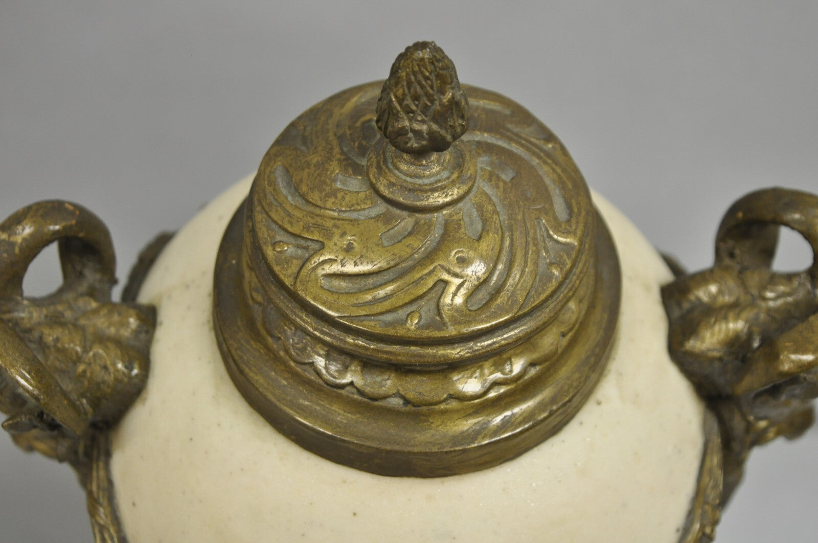 Vintage French Neoclassical Marble & Bronze Rams Head Urn Cassolettes - a Pair