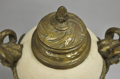 Vintage French Neoclassical Marble & Bronze Rams Head Urn Cassolettes - a Pair
