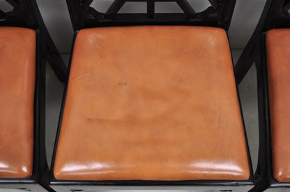 Vintage Chinese Chippendale Pagoda Fretwork Black Lacquer Dining Chair, Set of 4