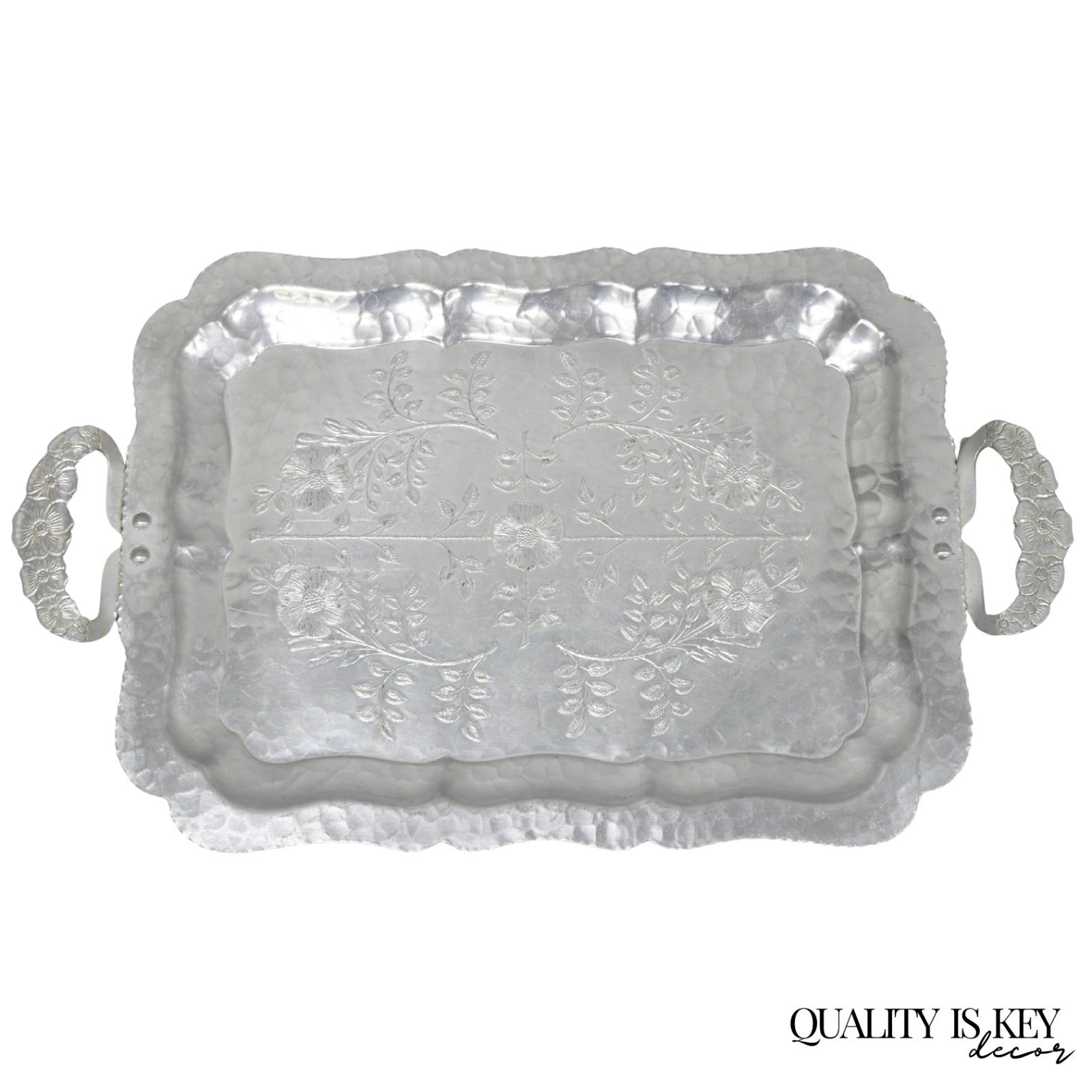 Vintage Victorian Continental Silver Co "Wild Rose" 1055 Hammered Aluminum Tray