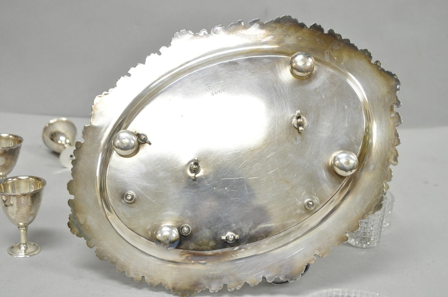 Antique Victorian Silver Plated Footed Cut Glass Breakfast Set Toast Rack w Tray