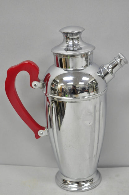 Vintage Art Deco Chrome Cocktail Martini Shaker Red Bakelite Handle by Chromium