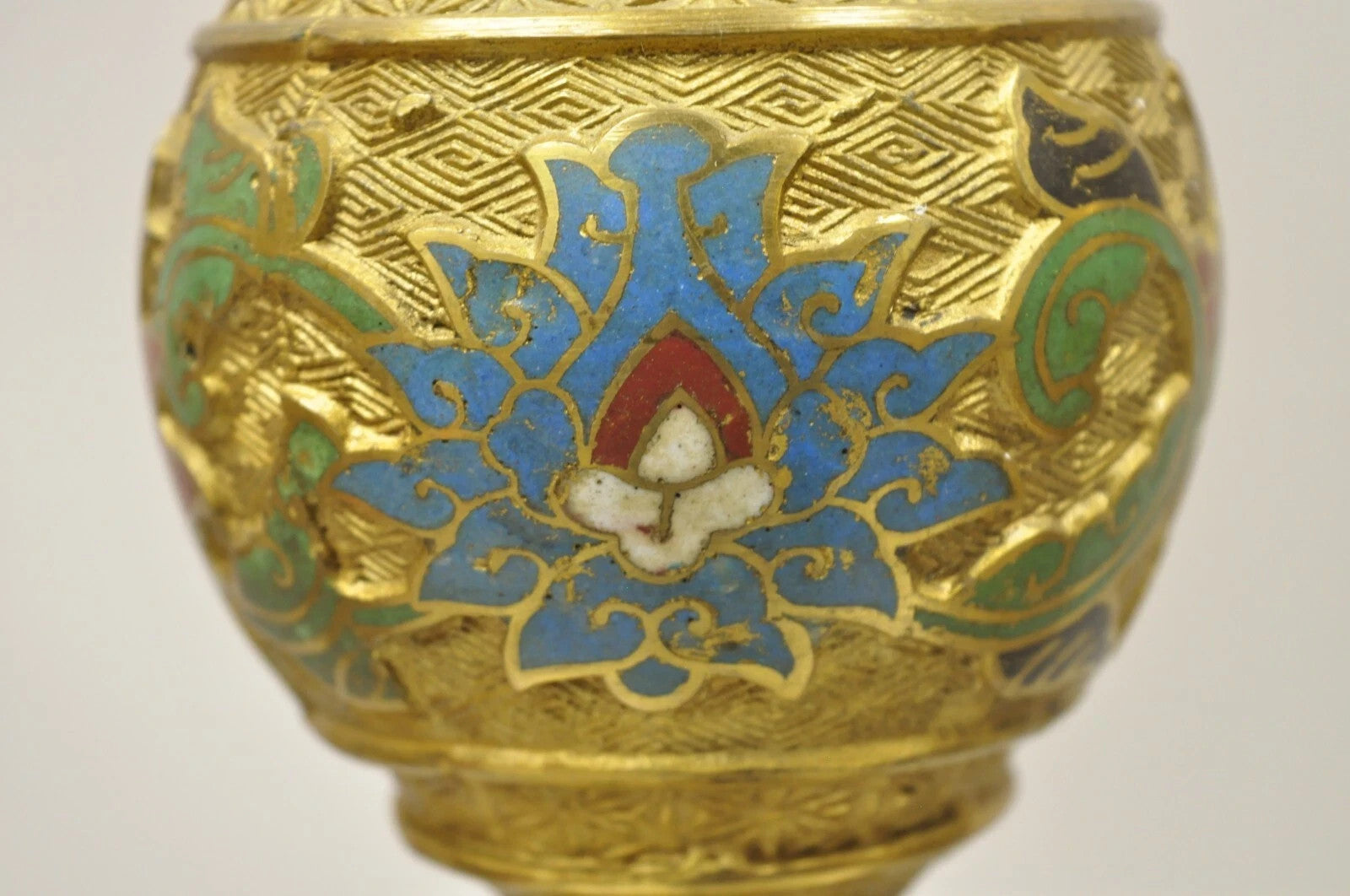 Vintage Japanese Cloisonne Enamel 13" Brass Bronze Candlestick Lamp Base - Pair