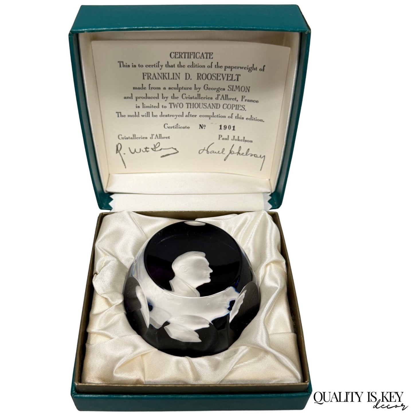 Cristal D'Albret France Franklin D Roosevelt Sulphide Paperweight Faceted Purple