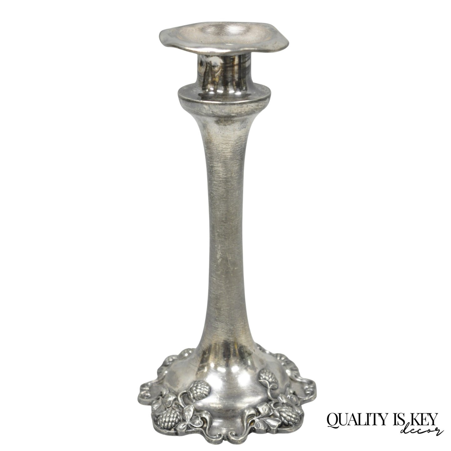 Antique Art Nouveau Silver Plated Floral Repousse 8" Candlestick by Victor