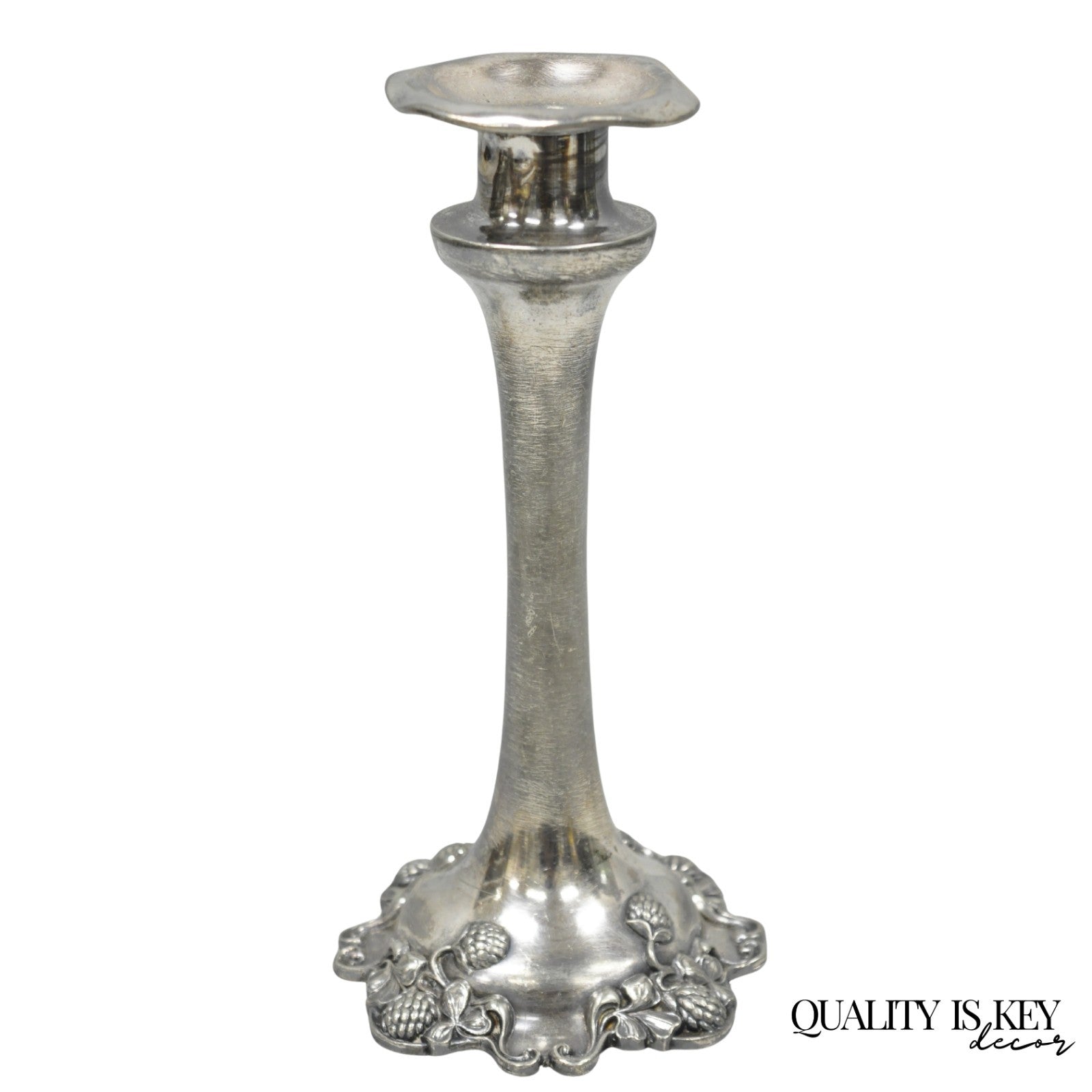 Antique Art Nouveau Silver Plated Floral Repousse 8" Candlestick by Victor