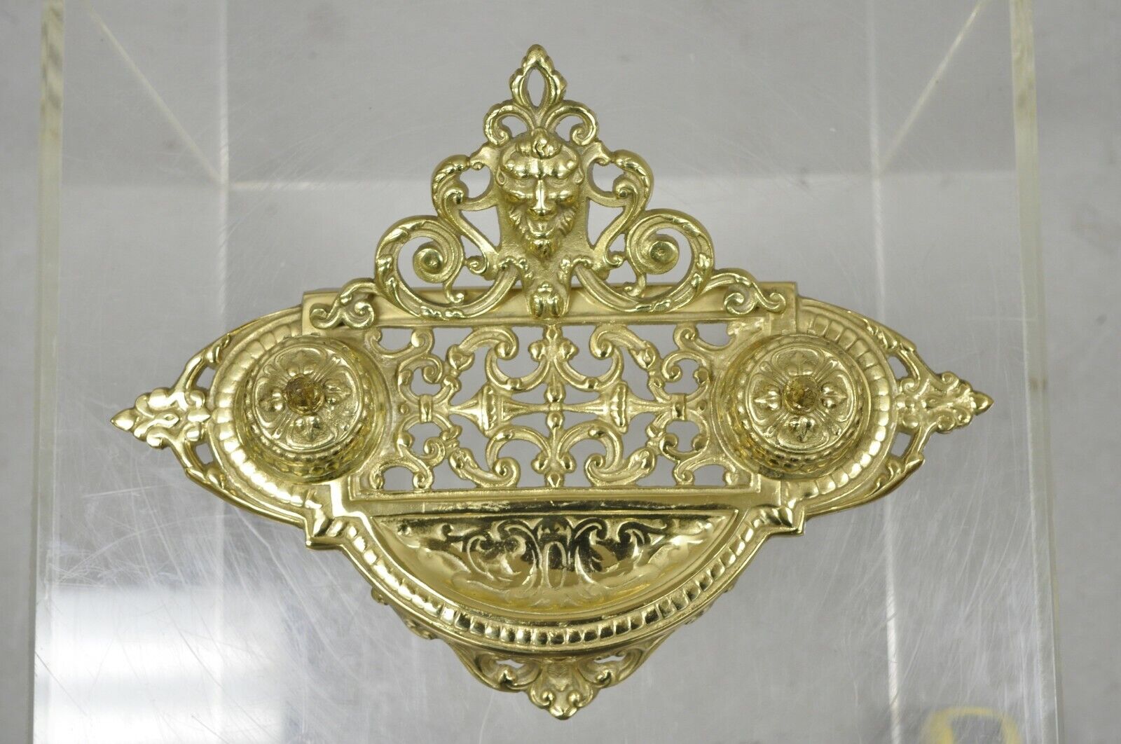 Vintage Brass Lion Head Italian Victorian Empire Double Pen Inkwell