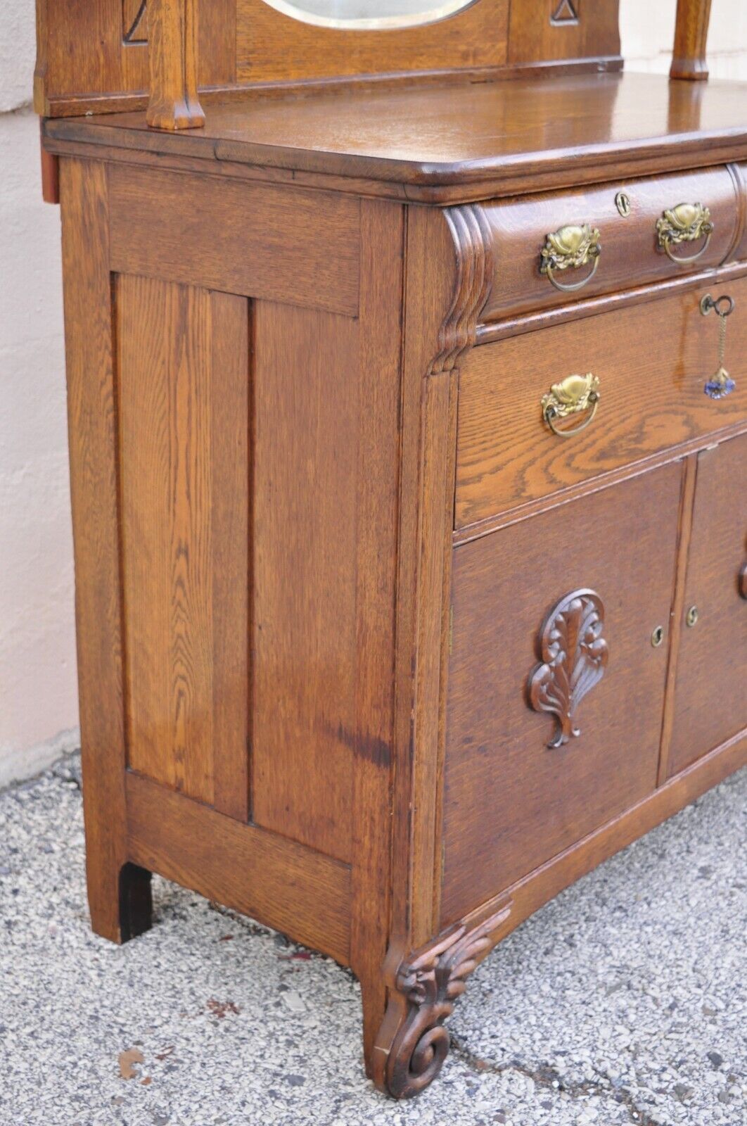 Antique Victorian Oak Wood Sideboard Buffet with Mirror Hutch Backsplash Shelf