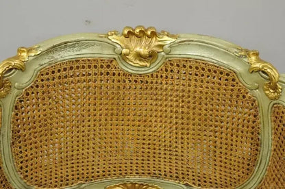 Antique French Louis XV Style Green Distressed Gold Gilt Cane Bergere Arm Chair
