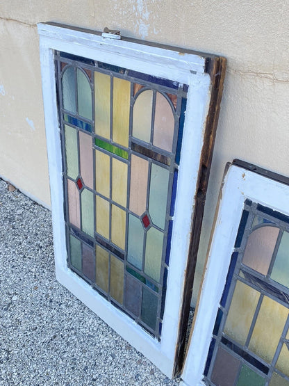 Antique Art Deco Leaded Stained Glass Pink Green Blue Yellow Windows - a Pair