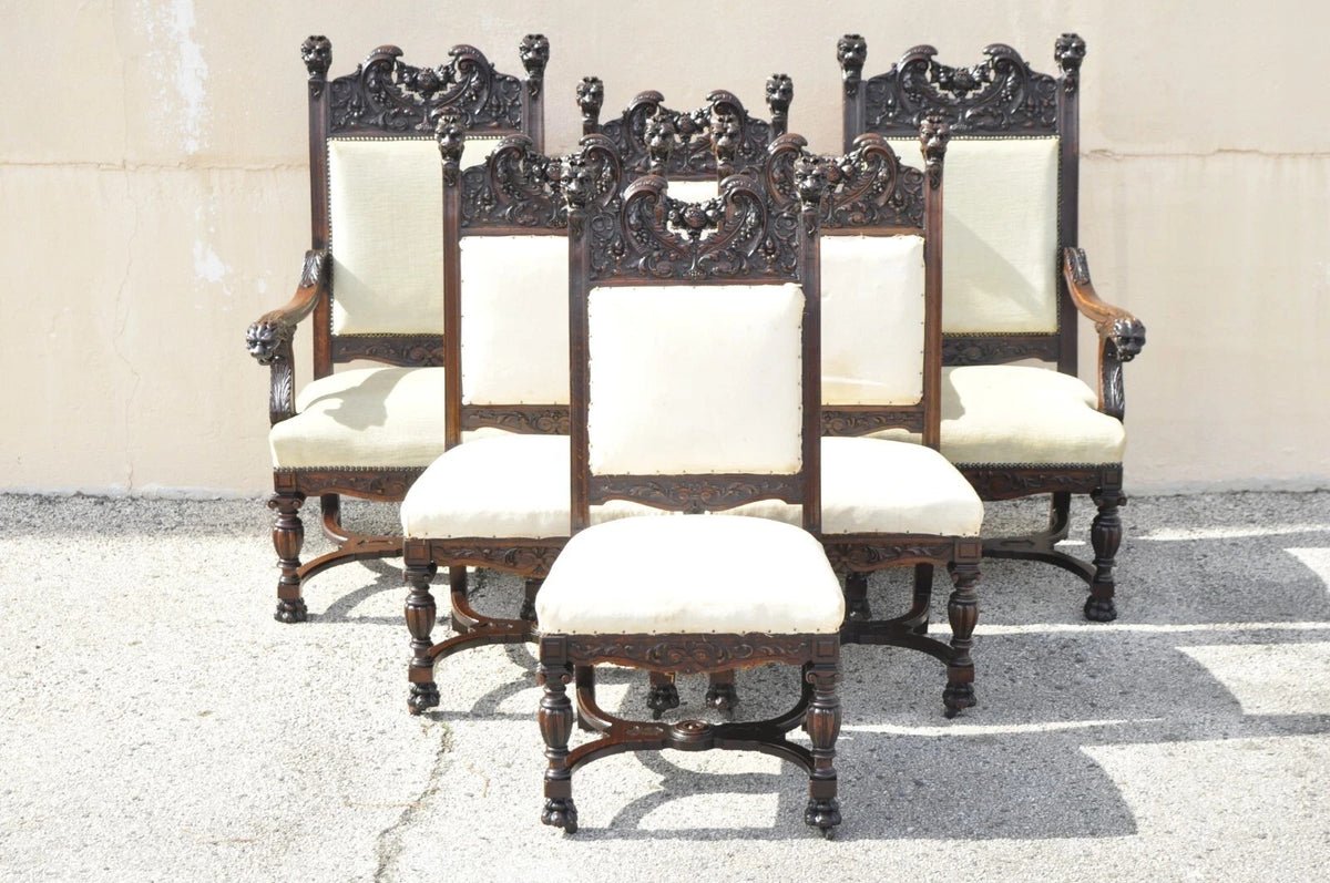 RJ Horner Attr Renaissance Figural Lion Carved Oak Wood Dining Chairs - Set of 6