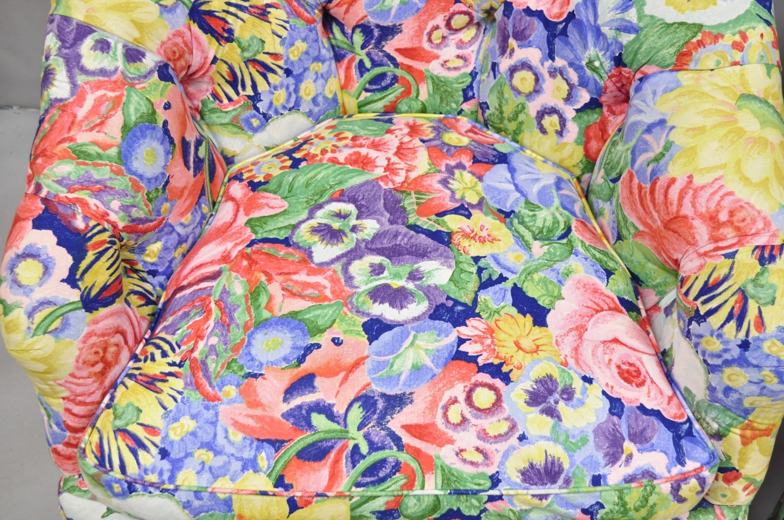 Vintage English Regency Floral Chintz Tufted Rolled Arm Club Lounge Chair - Pair