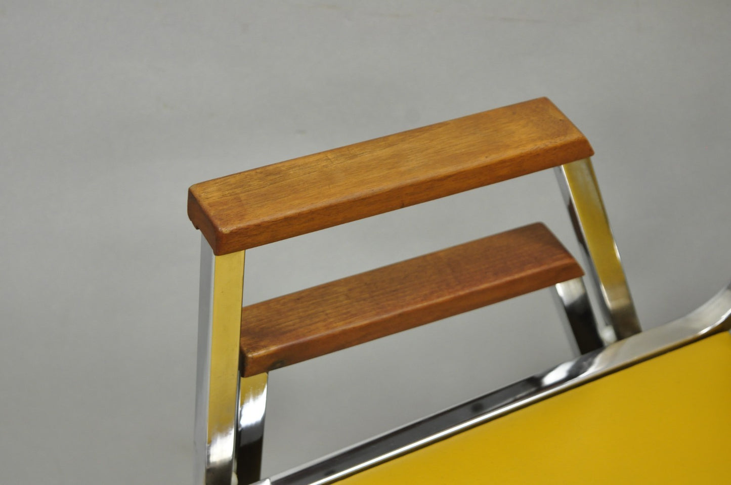 Vintage Nightingale Mid Century Modern Chrome & Yellow Vinyl Stacking Chair Pair