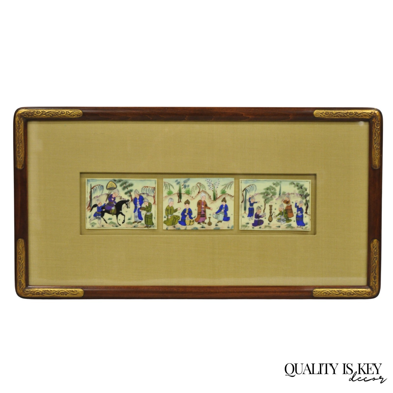 Vintage Persian Miniature Framed Hand Painted 3 Part Village Scene on Bone