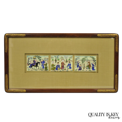Vintage Persian Miniature Framed Hand Painted 3 Part Village Scene on Bone