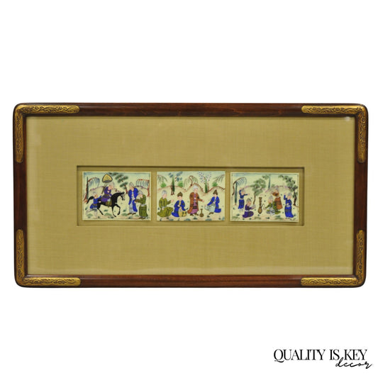 Vintage Persian Miniature Framed Hand Painted 3 Part Village Scene on Bone