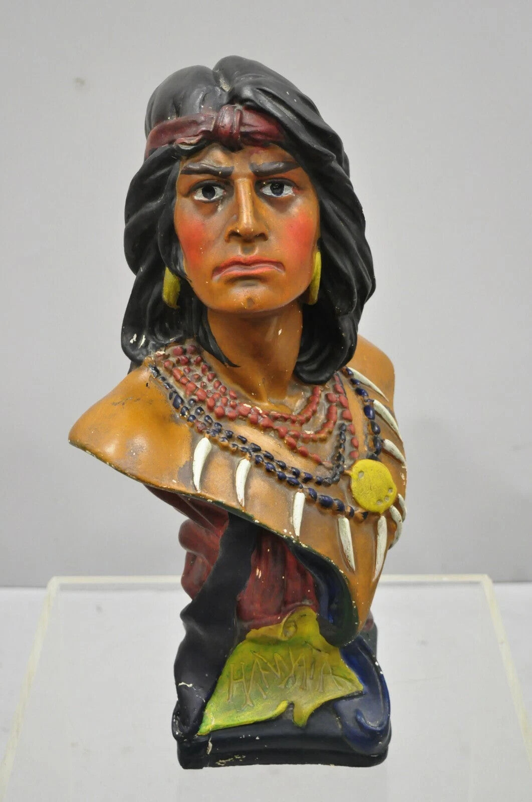 Vintage Hiawatha Native American Chalkware Cigar Store 20" Sculpture Bust Figure