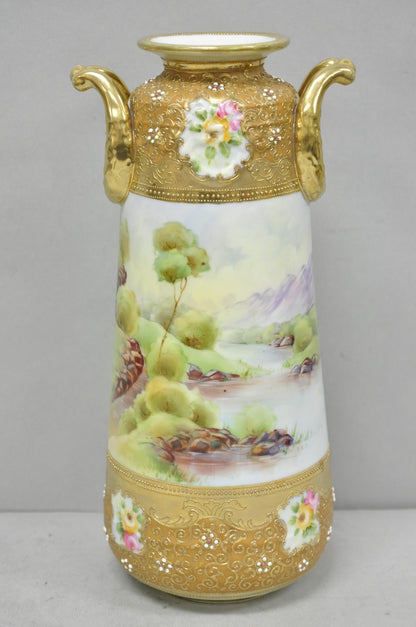 Antique Nippon Hand Painted Lake Scene Art Nouveau Twin Handle Porcelain Vase