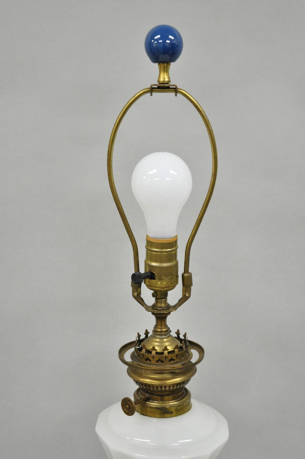 Vintage Italian Neoclassical White Milk Glass Column Blue Greek Key Table Lamp