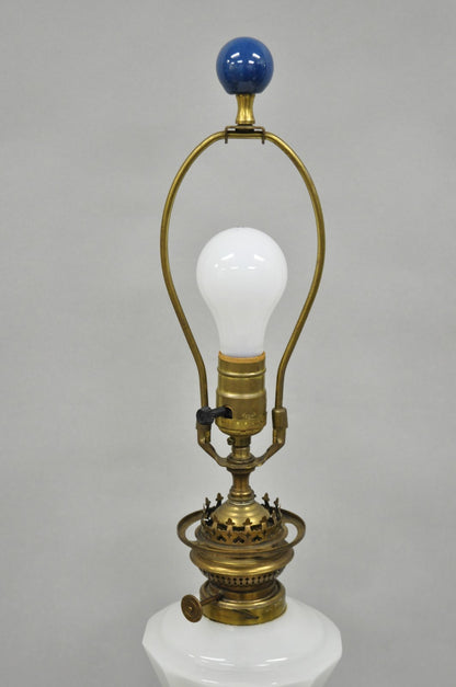 Vintage Italian Neoclassical White Milk Glass Column Blue Greek Key Table Lamp