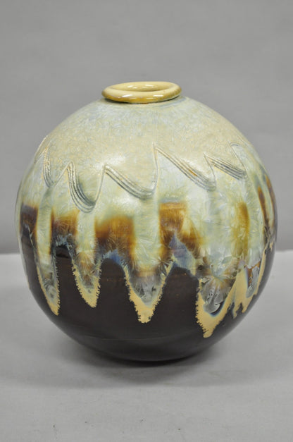 Vintage Mid Century Modern Brown Drip Glazed Bulbous Japanese Studio Vase Signed