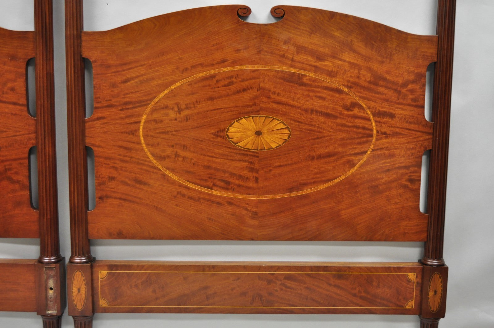 Antique Sheraton Federal Pinwheel Inlay Mahogany 4 Poster Twin Bed Frame - Pair