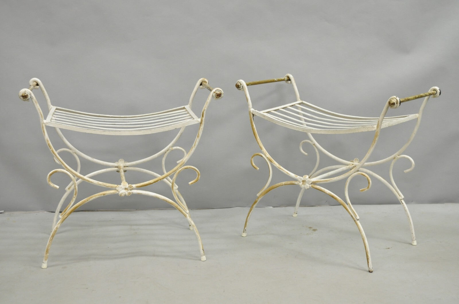Vintage Italian Regency Wrought Iron & Brass Curule X Frame Stool - a Pair