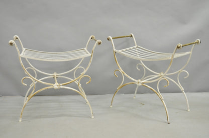 Vintage Italian Regency Wrought Iron & Brass Curule X Frame Stool - a Pair