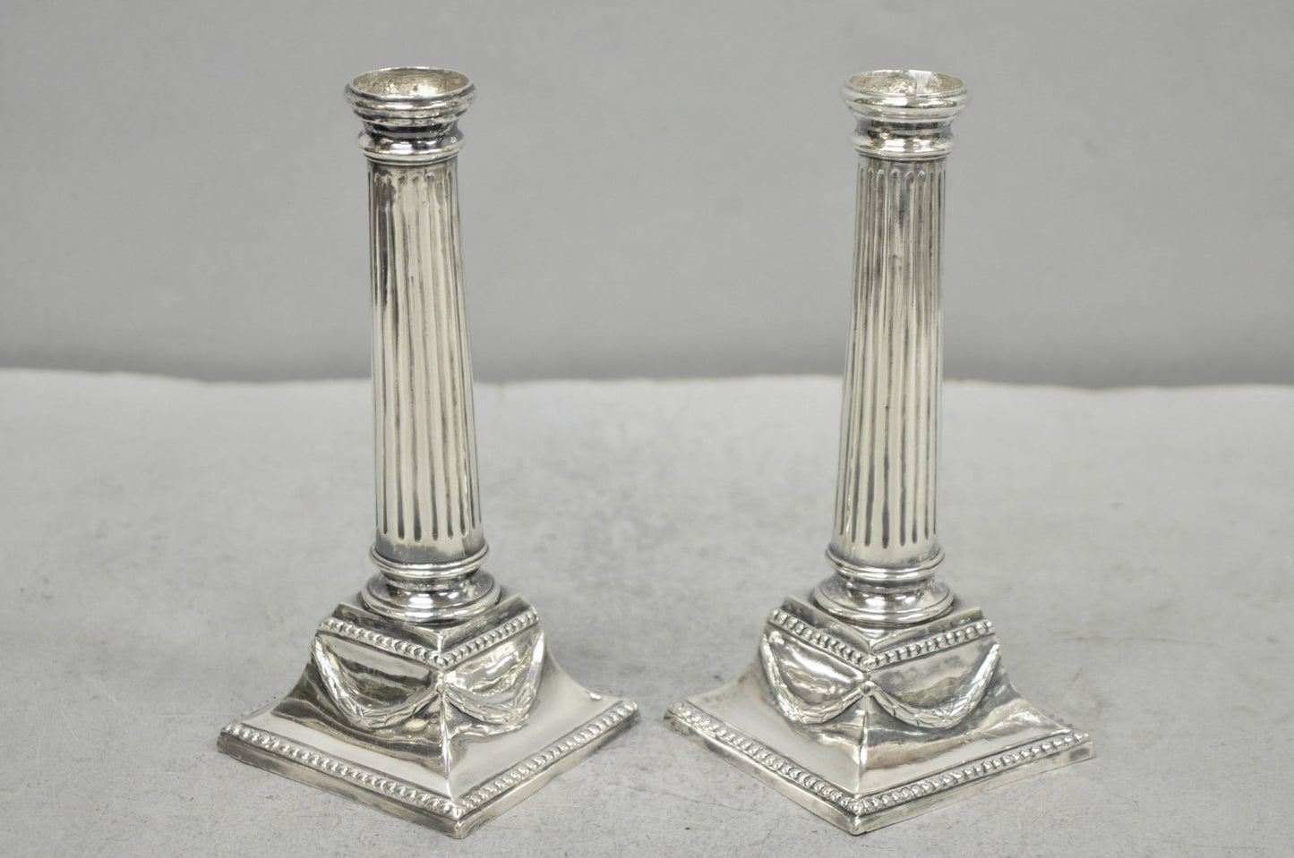 Vintage English Regency Silver Plated Classical Column Small Candlesticks - Pair