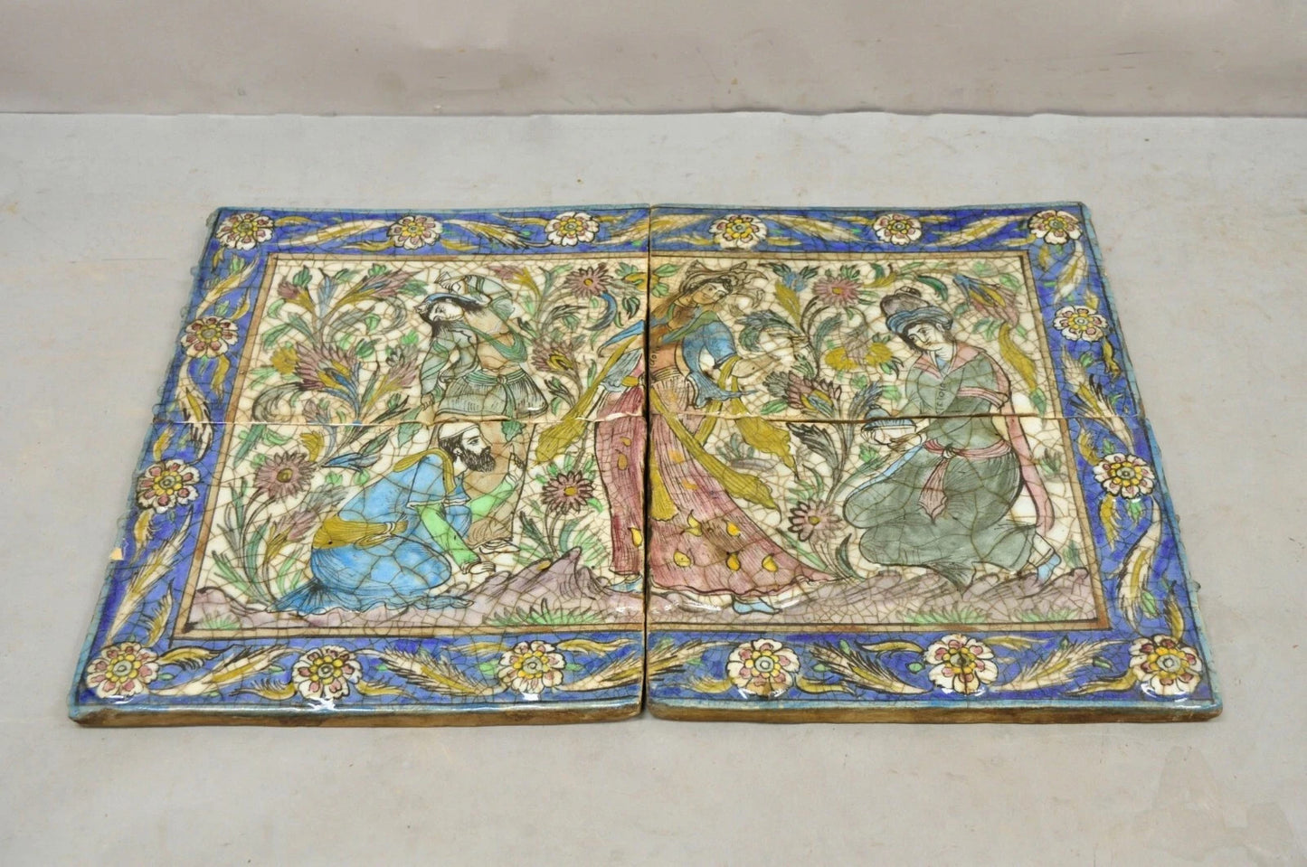 Antique Persian Iznik Qajar Style Ceramic Pottery Tile Mosaic Woman & Servant C7