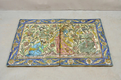 Antique Persian Iznik Qajar Style Ceramic Pottery Tile Mosaic Woman & Servant C7