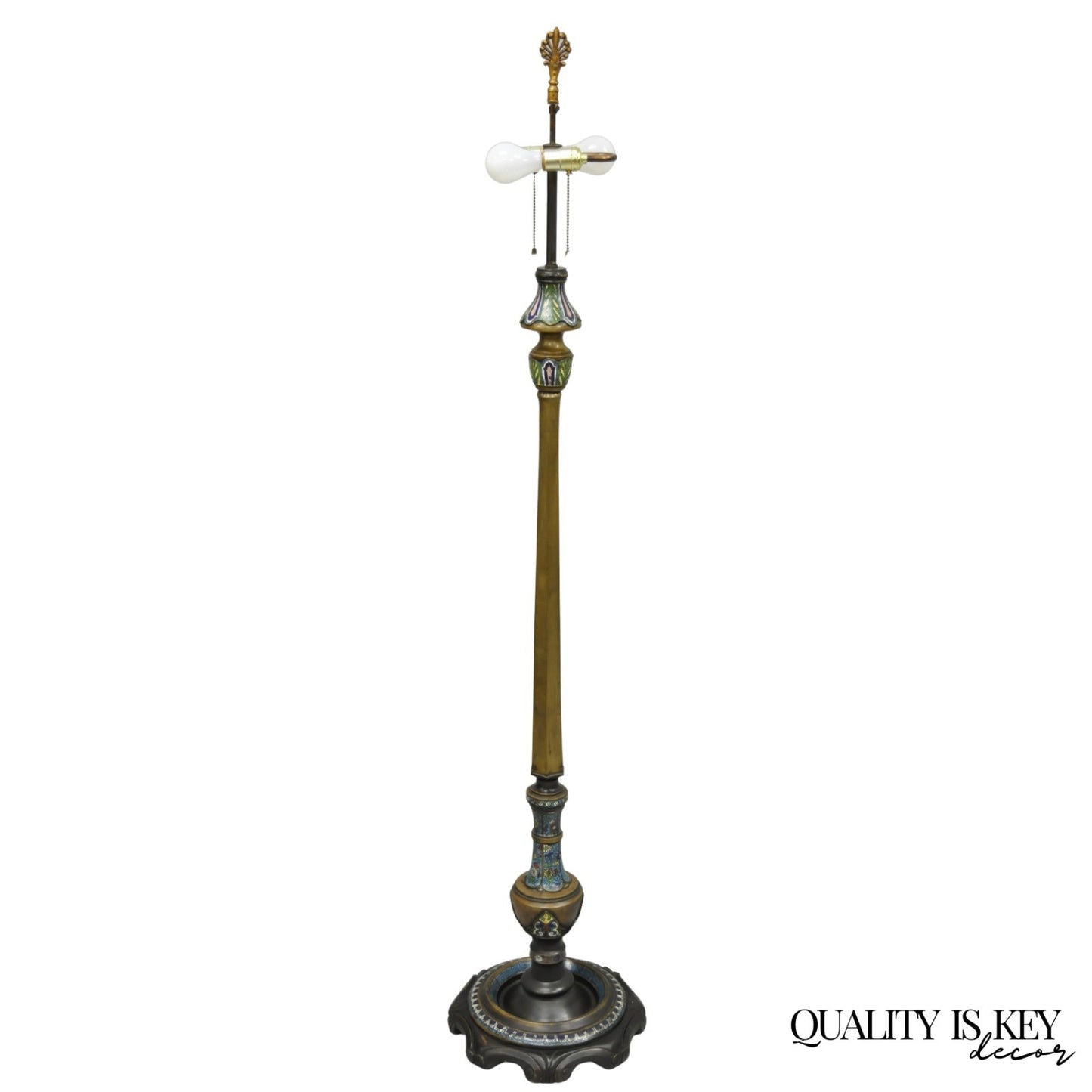 Antique Cloisonne Chinese Patinated Bronze Porcelain Enamel Pole Floor Lamp