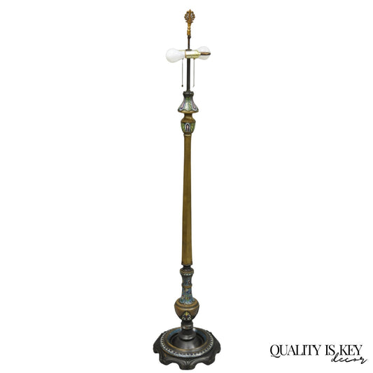Antique Cloisonne Chinese Patinated Bronze Porcelain Enamel Pole Floor Lamp