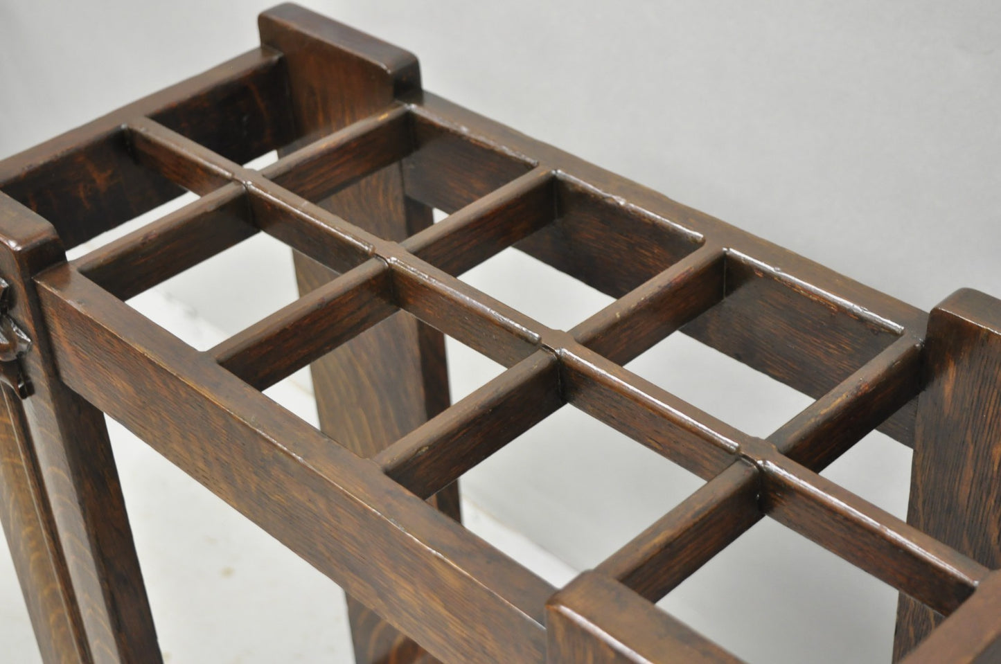 Antique Arts & Crafts Oak Wood Relief Carved Flower Umbrella Stand by MI Chair