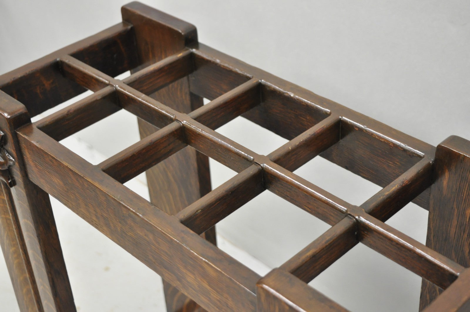 Antique Arts & Crafts Oak Wood Relief Carved Flower Umbrella Stand by MI Chair