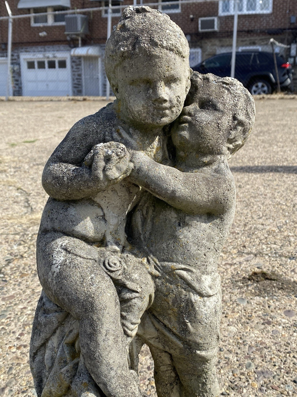 French Neoclassical Small Concrete Figural Cherub Garden Statue Water Fountain