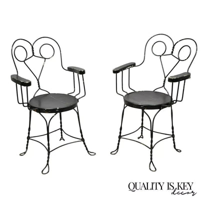 Antique Wrought Iron Twisted Metal Ice Cream Parlor Arm Chairs Wood Arms - Pair