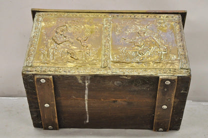 Antique English Victorian Brass Figural Repousse Coal Bin Storage Blanket Chest